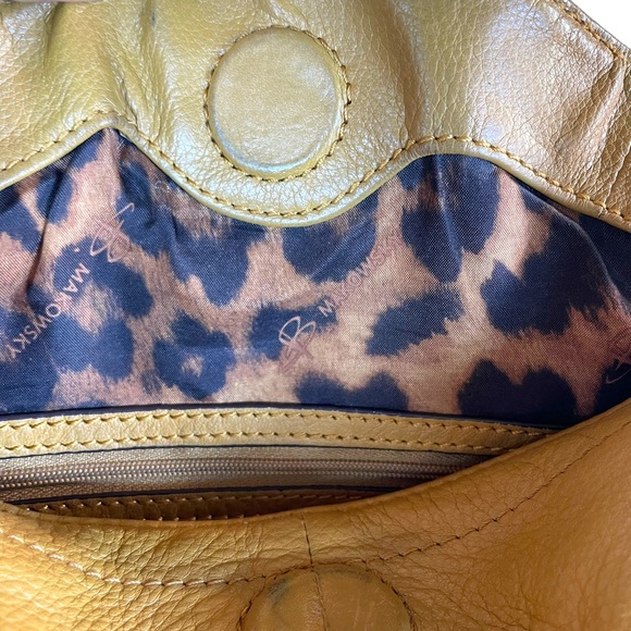 B. Makowsky Camel Leather Hobo w/ Braided Handle Magnetic Closure Leopard Lining - Picture 14 of 15